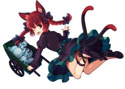 Rule 34 | animal ear fluff, animal ears, artist request, black bow, black dress, black ribbon, blue eyes, bone, bow, braid, cat ears, cat tail, dress, glowing, glowing eye, green dress, juliet sleeves, jumping, kaenbyou rin, leg ribbon, legs, long sleeves, mary janes, multiple tails, one eye closed, open mouth, puffy sleeves, red eyes, red hair, renya cos, ribbon, shoes, simple background, skull, smile, solo, source request, tail, touhou, touhou danmaku kagura, transparent background, twin braids, two tails, wheelbarrow, white background