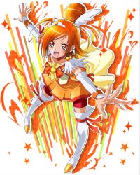 Rule 34 | 10s, 1girl, :d, bike shorts, bike shorts under skirt, cure sunny, eyelashes, highres, hino akane (smile precure!), magical girl, mahkn, open mouth, orange hair, orange skirt, orange theme, outstretched arms, precure, red shorts, short hair, shorts, shorts under skirt, skirt, smile, smile precure!, solo, star (symbol), thighhighs, white thighhighs