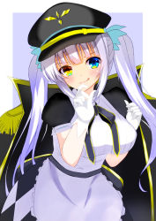 Rule 34 | 1girl, :p, blush, breasts, cape, commentary request, gloves, growing naru, hair between eyes, hat, heterochromia, kagura mea, kagura gumi, large breasts, long hair, looking at viewer, military hat, silver hair, simple background, solo, tongue, tongue out, twintails, virtual youtuber