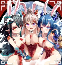 Rule 34 | 3:, 3girls, :d, absurdres, alternate costume, animal ears, arknights, asymmetrical docking, bare shoulders, between breasts, black hair, blue hair, blue skin, blush, braid, breast press, breasts, chinese new year, chinese zodiac, cleavage, closed mouth, clothing cutout, collarbone, colored extremities, colored skin, cowboy shot, dragon girl, dragon horns, dragon tail, dress, dusk (arknights), earrings, fake animal ears, fangs, frown, gourd, gradient skin, green hair, green skin, grey hair, hair rings, hand on another&#039;s shoulder, highres, hm (hmongt), holding, hongbao, horns, jewelry, large breasts, leaning forward, ling (arknights), long hair, looking at viewer, medium breasts, multicolored hair, multiple girls, nian (arknights), open mouth, pelvic curtain, pointy ears, ponytail, purple eyes, rabbit ears, red dress, red eyes, red hair, red skin, siblings, sisters, smile, strapless, strapless dress, streaked hair, tail, tail through clothes, two-tone hair, very long hair, wavy hair, white hair, year of the rabbit