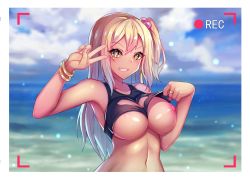 Rule 34 | 1girl, absurdres, artist request, blonde hair, breasts, cloud, green eyes, highres, long hair, nipples, ocean, one breast out, recording, sky, smile, solo, v