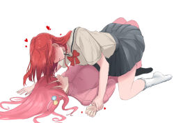 Rule 34 | 2girls, absurdres, arched back, ass, assertive female, between legs, blush, bocchi the rock!, bow, breasts, commentary request, cube hair ornament, ear blush, eye contact, eyes visible through hair, girl on top, gotoh hitori, hair ornament, hands on floor, heart, highres, holding another&#039;s wrist, jacket, kita ikuyo, kneeling, kztm, large breasts, legs folded, legs together, long hair, looking at another, looking down, looking up, lying, medium hair, multiple girls, neckerchief, no shoes, pants, parted lips, pink hair, ponytail, red bow, red hair, restrained, school uniform, serafuku, side ponytail, simple background, sitting, sitting on person, small breasts, socks, spread legs, thighs, track jacket, white background, you gonna get raped, yuri