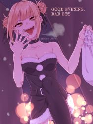 Rule 34 | bad id, bad pixiv id, bag, bare shoulders, blonde hair, blush, boku no hero academia, breasts, christmas, cleavage, dress, english text, hat, holding, holding bag, long hair, smile, solo, thighhighs, toga himiko, tongue, yellow eyes