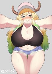 Rule 34 | 1girl, absurdres, artist name, bare shoulders, baseball cap, black shirt, blonde hair, blush, breasts, cleavage, collarbone, curvy, denim, denim shorts, dragon girl, dragon horns, gradient hair, green hair, grey background, hat, heterochromia, highres, horns, huge breasts, kobayashi-san chi no maidragon, licking lips, long hair, lucoa (maidragon), multicolored hair, naughty face, navel, outstretched arms, pclle2, shirt, short shorts, shorts, sleeveless, solo, stomach, sweat, tank top, thick thighs, thigh gap, thighs, tongue, tongue out, wide hips