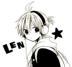 Rule 34 | 1boy, antenna hair, anzu (o6v6o), backpack, bag, character name, frown, greyscale, hair between eyes, headphones, jacket, kagamine len, male focus, monochrome, ponytail, simple background, solo, star (symbol), upper body, vocaloid, white background