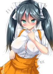 Rule 34 | 10s, 1girl, artist name, blush, breasts, buttons, cleavage, cowboy shot, dated, female focus, green eyes, hair between eyes, hair ribbon, hand on own chest, isuzu (kancolle), kantai collection, large breasts, mokufuu, orange skirt, pleated skirt, ribbon, shirt, short sleeves, simple background, skirt, solo, suspenders, twintails, white background, white ribbon, white shirt