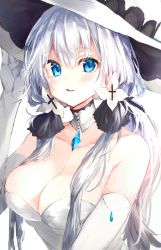 Rule 34 | 1girl, azur lane, blue gemstone, breasts, cleavage, detached collar, dress, elbow gloves, gem, gloves, grey hair, hat, highres, illustrious (azur lane), irohatomo, large breasts, long hair, looking at viewer, sleeveless, sleeveless dress, strapless, strapless dress, sun hat, tri tails, upper body, white dress, white gloves, white hair, white headwear