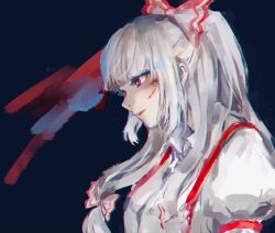 Rule 34 | 1girl, blouse, blue background, blunt bangs, bow, closed mouth, collared shirt, commentary request, eyelashes, facial scar, fujiwara no mokou, hair bow, highres, hoshiringo0902, long hair, long sleeves, looking to the side, red eyes, scar, scar on cheek, scar on face, shirt, sidelocks, sleeve garter, smile, solo, suspenders, touhou, upper body, very long hair, white hair, white shirt