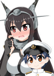 Rule 34 | 10s, 1boy, 1girl, arm guards, black hair, blue hair, blush, breasts, collar, commentary request, elbow gloves, epaulettes, finger to cheek, fingerless gloves, gloves, hair between eyes, hat, headgear, height difference, highres, kantai collection, large breasts, little boy admiral (kancolle), long hair, looking at viewer, military, military hat, military uniform, nagato (kancolle), peaked cap, red eyes, sidelocks, sleeveless, smile, uniform, upper body, white background, yamato nadeshiko