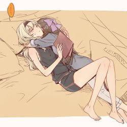 Rule 34 | ..., 2girls, blonde hair, blush, book, bow, brown hair, closed mouth, commentary request, closed eyes, feet, feet out of frame, hair bow, headband, heart, holding, holding book, hug, lamey20555281, long hair, lying, multiple girls, on back, pillow, purple bow, saijou claudine, shoujo kageki revue starlight, spoken ellipsis, tendou maya, toes, yuri