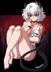 Rule 34 | 1girl, alcohol, artist name, ass, bare hips, bare legs, bare shoulders, barefoot, black horns, black nails, bottle, bracelet, breasts, commentary, convenient arm, curled fingers, demon girl, demon horns, demon tail, english commentary, feet, fingernails, frown, full body, glaring, helltaker, highres, horns, jewelry, kinkymation, legs together, malina (helltaker), medium breasts, nail polish, narrowed eyes, nude, red eyes, sharp fingernails, solo, tail, tail censor, thighs, vodka, wavy mouth, white hair