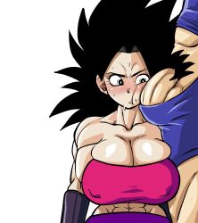 Rule 34 | 1boy, 1girl, absurdres, black hair, bracelet, breasts, bulge, cabba, caulifla, clothes, covered erect nipples, dragon ball, dragon ball super, embarrassed, faceless, faceless male, highres, jewelry, large breasts, large penis, looking at viewer, medium hair, muscular, muscular female, penis, penis on face, pseudocel, simple background, surprised, testicles, wet, white background
