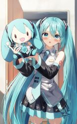 Rule 34 | 1girl, black skirt, black sleeves, blue eyes, blue hair, blue nails, blue necktie, blush, boots, character doll, collared shirt, commentary, crypton future media, detached sleeves, frilled shirt, frills, grey shirt, hatsune miku, highres, holding, holding stuffed toy, interior, long hair, looking at viewer, motion lines, necktie, number tattoo, open door, open mouth, pentagon (railgun ky1206), piapro, pleated skirt, shirt, skirt, sleeveless, sleeveless shirt, solo, standing, stuffed toy, tattoo, thigh boots, thighhighs, twintails, very long hair, vocaloid, waving arm, zettai ryouiki