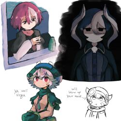 Rule 34 | 1boy, 3girls, absurdres, black coat, black eyes, black hair, blank eyes, closed mouth, coat, commentary, english commentary, english text, gloves, hair between eyes, half-closed eyes, helmet, highres, iesonatana, looking at viewer, made in abyss, mixed-language text, multicolored hair, multiple girls, ozen, parted lips, prushka, red eyes, red hair, regu (made in abyss), short hair, smile, spanish text, split mouth, streaked hair, two-tone hair, upper body, vueko, white hair