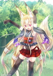 Rule 34 | 1girl, :d, animal ears, armpits, arms up, artist name, black gloves, black thighhighs, blonde hair, blush, bodysuit, breasts, bush, clenched hands, clothes lift, colored eyelashes, day, detached sleeves, elbow gloves, eyebrows, fang, floral print, flower, forest, fox ears, fox tail, frills, gloves, groin, hair between eyes, hair ribbon, hakama, hakama short skirt, hakama skirt, highleg, highleg leotard, hip vent, japanese clothes, legs apart, leotard, long hair, looking at viewer, low-tied long hair, lowleg, lowleg skirt, midriff, miniskirt, nature, no panties, obi, open mouth, original, outdoors, paw pose, pleated skirt, red eyes, red skirt, ribbon, sash, sidelocks, skirt, sleeveless, small breasts, smile, solo, standing, tail, thighhighs, tree, turtleneck, very long hair, yuki kawachi, zettai ryouiki