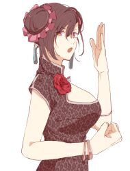 Rule 34 | 1girl, animal print, black hair, bracelet, breasts, brown hair, china dress, chinese clothes, cleavage cutout, clenched hand, clothing cutout, commentary request, double bun, dress, fighting stance, final fantasy, final fantasy vii, final fantasy vii remake, flower, from side, hair between eyes, hair bun, hair ornament, hand up, high collar, highres, jewelry, large breasts, leopard print, looking at viewer, looking to the side, martial arts, official alternate costume, official alternate hairstyle, open hand, open mouth, print dress, red eyes, red flower, solo, tifa lockhart, tifa lockhart (sporty dress), upper body, wan tarowou32, white background