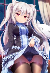 Rule 34 | 1girl, animal ear fluff, animal ears, black thighhighs, blush, breasts, cat ears, closed mouth, clothes lift, dot nose, dress, dress lift, half-closed eyes, highres, indoors, large breasts, legs together, lifted by self, long hair, long sleeves, looking at viewer, night, night sky, nora cat, nora cat channel, red eyes, school swimsuit, silver hair, sky, smile, solo, standing, swimsuit, swimsuit under clothes, tatuyayosi, thighhighs, thighs, twintails, virtual youtuber, window