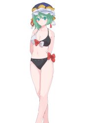 Rule 34 | 1girl, arms behind back, asymmetrical hair, bare legs, bare shoulders, bikini, blush stickers, breasts, cleavage, commentary request, feet out of frame, frills, green eyes, green hair, hat, highres, large breasts, medium hair, one-hour drawing challenge, shiki eiki, simple background, solo, standing, swimsuit, tohoyuukarin, touhou, two-tone bikini, white background