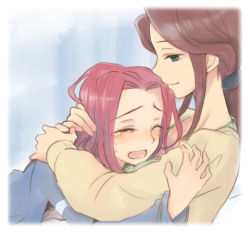Rule 34 | 00s, 2girls, age difference, blue eyes, blush, brown hair, closed eyes, code geass, comforting, hand on another&#039;s head, holding, hug, kouzuki kallen, mother and daughter, multiple girls, pink hair, plum (arch), red hair, smile, tears