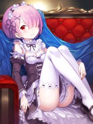 Rule 34 | 10s, 1girl, black footwear, breasts, cleavage, collar, couch, detached collar, detached sleeves, frilled collar, frilled sleeves, frills, hair ornament, hair over one eye, hair ribbon, highres, knees up, lasa (lasa1116), looking at viewer, maid, maid headdress, mary janes, medium breasts, on couch, parted lips, pink hair, purple ribbon, ram (re:zero), re:zero kara hajimeru isekai seikatsu, red eyes, ribbon, shoes, short hair, sitting, smile, solo, thighhighs, thighs, white thighhighs, x hair ornament