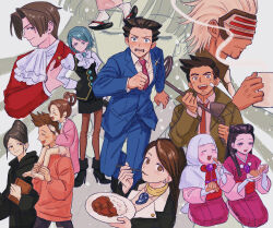 Rule 34 | 5boys, 6+girls, ace attorney, ascot, bandaid, bandaid on face, beard, bikini (ace attorney), black footwear, black gloves, black hair, black skirt, black vest, blue eyes, blue hair, blue jacket, blue pants, blush, boots, braid, breasts, brown eyes, brown hair, carrying, cleavage, closed eyes, closed mouth, collared shirt, cup, curry, curry rice, dick gumshoe, earrings, eating, eye mask, facial hair, food, formal, franziska von karma, fruit, gloves, godot (ace attorney), hair intakes, hair rings, hand on own hip, hanten (clothes), high heel boots, high heels, highres, holding, holding spoon, hood, hood up, iris (ace attorney), jacket, japanese clothes, jewelry, juliet sleeves, kimono, larry butz, long hair, long sleeves, looking at viewer, magatama, mandarin orange, maya fey, medium breasts, metal detector, mia fey, miles edgeworth, misty fey, mug, multiple boys, multiple girls, necklace, necktie, on shoulder, open mouth, pants, pantyhose, pearl fey, pencil skirt, phoenix wright, phoenix wright: ace attorney - trials and tribulations, pink necktie, puffy sleeves, purple eyes, red jacket, renshu usodayo, rice, running, shirt, short hair, short kimono, shoulder carry, sitting, skirt, smile, spiked hair, spoon, stubble, suit, sweatdrop, utensil in mouth, vest, white hair, white shirt