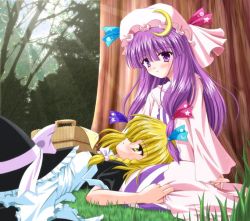Rule 34 | 2girls, blonde hair, bow, couple, female focus, hat, kirisame marisa, lap pillow, multiple girls, patchouli knowledge, picnic, pink bow, touhou, witch, witch hat, yamu (reverse noise), yuri