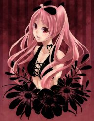 Rule 34 | 1girl, :d, black bow, black flower, bow, breasts, cleavage, collarbone, cropped torso, floating hair, flower, hair bow, heart, long hair, looking at viewer, medium breasts, open mouth, pink hair, red background, red eyes, shiki (novel), shimizu megumi, smile, solo, striped, striped background, twintails, very long hair