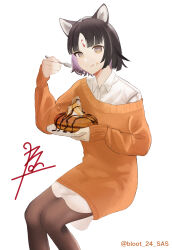 Rule 34 | 1girl, absurdres, alternate costume, alternate hair length, alternate hairstyle, animal ears, arknights, black hair, black pantyhose, buratto (bloot 24 sas), commentary request, dog ears, dress, facial mark, feet out of frame, food, forehead mark, grey eyes, hand up, highres, holding, invisible chair, long sleeves, off-shoulder sweater, off shoulder, orange sweater, pantyhose, saga (arknights), shirt, short hair, simple background, sitting, solo, sweater, sweater dress, white background, white shirt