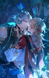 Rule 34 | 2boys, ahoge, alhaitham (genshin impact), blonde hair, closed mouth, couple, earrings, feather hair ornament, feathers, genshin impact, green eyes, grey hair, hair ornament, hand on another&#039;s back, hand on another&#039;s face, hand on another&#039;s hip, hand on another&#039;s neck, highres, imminent kiss, jewelry, kaveh (genshin impact), laoelaoee, long sleeves, looking at another, male focus, multiple boys, night, open mouth, red eyes, short hair, standing, upper body, yaoi