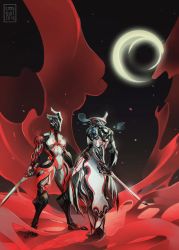 Rule 34 | 1boy, 1girl, arms behind back, artist name, back, bodysuit, crescent moon, ember (warframe), fire, frost (warframe), full body, helmet, holding, holding sword, holding weapon, looking at another, moon, night, night sky, red theme, sky, steam, steelsuit, sword, warframe, weapon
