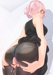 Rule 34 | 1girl, ass, bare arms, black dress, black pantyhose, breasts, censored, closed mouth, cum, cum in pussy, dress, fate/grand order, fate (series), glasses, hair over one eye, hands on ass, highres, mash kyrielight, mosaic censoring, nanahime, panties, panties under pantyhose, pantyhose, pink hair, purple eyes, shadow, short hair, sleeveless, sleeveless dress, solo, torn clothes, torn pantyhose, underwear, white panties