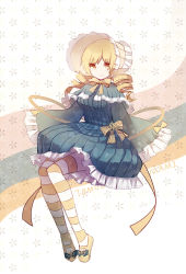 Rule 34 | 1girl, blonde hair, bonnet, bow, breasts, bubble skirt, candeloro, candeloro (cosplay), capelet, cosplay, cuivre, dress, drill hair, gothic lolita, large breasts, lolita fashion, mahou shoujo madoka magica, mahou shoujo madoka magica (anime), patterned legwear, ribbon, skirt, sleeves past wrists, solo, striped clothes, striped thighhighs, thighhighs, tomoe mami, two tone stripes, white stripes, yellow eyes, yellow shoes, yellow stripes