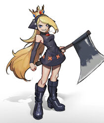 Rule 34 | 1girl, absurdres, axe, bare shoulders, black dress, black footwear, black sleeves, blonde hair, blue eyes, boots, brooch, clenched hand, crown, detached sleeves, dress, full body, grin, highres, holding, holding axe, holding weapon, hooded dress, izublah, jewelry, knee boots, long hair, looking at viewer, mario (series), mario power tennis, mario tennis, nintendo, shadow, sharp teeth, simple background, sleeveless, sleeveless dress, smile, solo, teeth, warupeach, weapon, white background