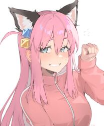 Rule 34 | 1girl, animal ears, bocchi the rock!, breasts, cat ears, cat girl, cube hair ornament, embarrassed, gotoh hitori, hair ornament, highres, jacket, long hair, long sleeves, looking at viewer, medium breasts, milka (milk4ppl), parted lips, red jacket, simple background, solo, teeth, track jacket, upper body, white background