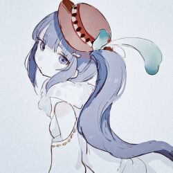 Rule 34 | 1girl, blue eyes, blue hair, blunt bangs, brown hat, closed mouth, grey background, hat, hat feather, kumi seika, long hair, long sleeves, looking at viewer, magia record: mahou shoujo madoka magica gaiden, magical girl, mahou shoujo madoka magica, shirt, side ponytail, simple background, solo, upper body, white shirt, yorunogumo