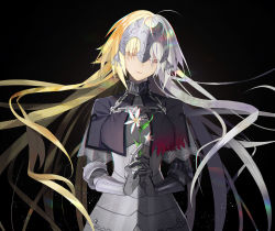 Rule 34 | 1girl, antenna hair, armor, armored dress, black background, blonde hair, breasts, capelet, chain, closed eyes, closed mouth, commentary, corruption, dark persona, english commentary, facing viewer, fate/grand order, fate (series), flower, gauntlets, grey hair, head tilt, headpiece, highres, holding, holding flower, jeanne d&#039;arc (fate), jeanne d&#039;arc (ruler) (fate), jeanne d&#039;arc alter (avenger) (fate), jeanne d&#039;arc alter (fate), light brown hair, long hair, medium breasts, multicolored hair, paranoia www, pink lips, purple capelet, simple background, split theme, two-tone hair, underbust, very long hair