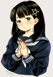 Rule 34 | 1girl, black hair, blue sailor collar, blue shirt, blush, commentary request, cropped torso, dated, green eyes, grey background, hair ornament, kurosuzu mio, long hair, long sleeves, looking at viewer, mole, mole on neck, neckerchief, own hands together, paranormasight: the seven mysteries of honjo, parted lips, pink nails, sailor collar, school uniform, serafuku, shirt, signature, simple background, solo, star (symbol), star hair ornament, sugano manami, upper body, white neckerchief