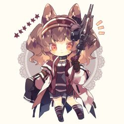 Rule 34 | 1girl, :3, ^^^, angelina (arknights), animal ear fluff, animal ears, arknights, black gloves, brown hair, chibi, choker, commentary request, fox ears, gloves, grey socks, hairband, highres, holding, holding staff, holding weapon, kneehighs, lace background, long hair, long sleeves, looking at viewer, nikorashi-ka, open clothes, red hairband, simple background, socks, solo, staff, star (symbol), twintails, weapon, white background