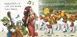 1boy 1girl breasts brown_hair cleavage closed_eyes donkey_kong_(1981_game) donkey_kong_(series) dress drums eyeshadow facial_hair gloves grin hat instrument lipstick long_hair looking_at_another luigi makeup mario_(series) microphone musical_note mustache nintendo official_art overalls pauline_(mario) promotional_art red_dress single smile super_mario_bros._1 violin wiggler