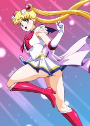 Rule 34 | 1girl, 2022, absurdres, ass, bishoujo senshi sailor moon, blonde hair, blue eyes, boots, bow, circlet, crescent, crescent earrings, danmakuman, double bun, earrings, elbow gloves, gloves, hair bun, high heel boots, high heels, highres, jewelry, knee boots, miniskirt, open mouth, panties, pantyshot, pleated skirt, retro artstyle, sailor moon, see-through, signature, skirt, smile, solo, super sailor moon, tsukino usagi, twintails, underwear, white bow, white gloves