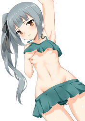 Rule 34 | 1girl, armpits, bare arms, bare shoulders, bikini, bikini top lift, black panties, black skirt, blush, breasts, brown eyes, closed mouth, clothes lift, collarbone, cowboy shot, dutch angle, green bikini, grey hair, hair ribbon, kantai collection, kasumi (kancolle), lifting own clothes, long hair, lowleg, lowleg skirt, nipples, panties, pantyshot, pleated skirt, ribbon, side ponytail, simple background, skirt, small breasts, solo, stomach, swimsuit, toshishikisai, underwear, white background