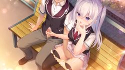 Rule 34 | 1boy, 1girl, asamori mitsuki, black thighhighs, black vest, blush, boku no mirai wa koi to kakin to, censored, clothes lift, collared shirt, couple, covering own mouth, day, dress shirt, drooling, fingering, food-themed hair ornament, from above, game cg, grey pants, hair between eyes, hair ornament, hand over own mouth, handjob, head out of frame, hetero, highres, long hair, miniskirt, mosaic censoring, mutual masturbation, nironiro, open mouth, outdoors, panties, pants, panty pull, penis, plaid, plaid skirt, pleated skirt, purple eyes, pussy juice, shirt, short sleeves, silver hair, skirt, skirt lift, strawberry hair ornament, thighhighs, twintails, underwear, very long hair, vest, white shirt, white skirt, wing collar, yellow panties