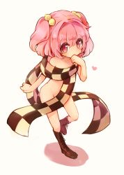 Rule 34 | 1girl, bell, blush, boots, checkered clothes, checkered scarf, covering own mouth, full body, hair bell, hair ornament, hand over own mouth, heart, looking at viewer, motoori kosuzu, naked scarf, nude, pink eyes, pink hair, red eyes, red hair, scarf, sen1986, shadow, short hair, simple background, solo, standing, standing on one leg, touhou, twintails, two side up, white background