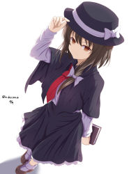 Rule 34 | &gt;:), 1girl, absurdres, adjusting clothes, adjusting headwear, bad id, bad pixiv id, black skirt, bobby socks, book, bow, brown eyes, brown footwear, brown hair, capelet, closed mouth, fedora, full body, furiruno, hair bow, hand on headwear, hat, hat bow, highres, holding, holding book, long sleeves, looking at viewer, medium skirt, necktie, red necktie, shirt, shoes, short hair, simple background, skirt, smile, socks, solo, standing, touhou, twitter username, usami renko, v-shaped eyebrows, white background, white bow, white shirt, white socks