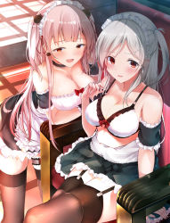 Rule 34 | 2girls, :d, apron, black legwear, blush, breasts, bridal garter, chair, choker, cleavage, dress, earrings, garter straps, hair ornament, hairclip, hiragi ringo, indoors, jewelry, large breasts, leaning, long hair, looking at viewer, maid, maid headdress, multiple girls, one side up, open mouth, original, pink hair, red eyes, sidelocks, silver hair, sitting, skirt, smile, thighhighs