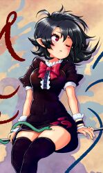 Rule 34 | 1girl, black dress, black hair, black thighhighs, blue wings, bow, bowtie, breasts, buttons, carbohydrate (asta4282), center frills, commentary request, covered navel, drawn wings, dress, expressionless, frilled dress, frills, hair between eyes, highres, houjuu nue, looking afar, looking to the side, medium bangs, medium hair, parted lips, pointy ears, red bow, red bowtie, red eyes, red wings, reitaisai, short dress, short sleeves, simple background, sitting, small breasts, snake, solo, thighhighs, tomoe (symbol), touhou, wings, zettai ryouiki