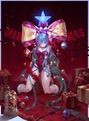 Rule 34 | 1girl, absurdly long hair, arms up, blue eyes, blue hair, boots, border, bound, bound arms, bow, branch, breasts, choker, christmas, christmas lights, christmas ornaments, cleavage, closed mouth, commentary, english commentary, english text, full body, fur-trimmed boots, fur-trimmed gloves, fur-trimmed leotard, fur trim, gift, gloves, grey border, hair between eyes, highleg, highleg leotard, highres, kneeling, leotard, long hair, looking at viewer, medium breasts, merry christmas, original, outside border, red choker, red footwear, red gloves, red leotard, solo, star (symbol), strapless, strapless leotard, very long hair, yuho kim