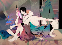 Rule 34 | 2boys, alcohol, barefoot, blonde hair, bottle, bracelet, facial hair, freckles, ghost, japanese clothes, jewelry, kimono, male focus, marco (one piece), multiple boys, muscular, necklace, one piece, portgas d. ace, short hair, shorts, sitting, stubble, tattoo, topless male, traditional clothes, window, wine