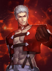 Rule 34 | artist name, brown eyes, choker, clenched hand, cropped jacket, earrings, gloves, grin, highres, jewelry, looking at viewer, male focus, muscular, nanakase yashiro, short hair, smile, snk, solo, suspenders, the king of fighters, white hair, xiaoguimist