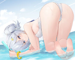 Rule 34 | 1girl, absurdres, all fours, aqua eyes, ass, azur lane, bare shoulders, barefoot, bracelet, breasts, byx, feet, food, grey hair, hair bun, highres, ice cream, jade (a lick of summer) (azur lane), jade (azur lane), jewelry, legs, looking at viewer, looking back, medium breasts, official alternate costume, one-piece swimsuit, single hair bun, smile, soles, swimsuit, thighs, water, wet, white one-piece swimsuit